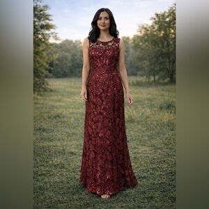 David Meister Gown 16 Burgundy Ruby Wine Sequin Lace Formal Long Dress Gala